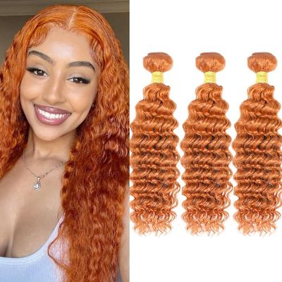 10 12 14Inch Deep Wave Bundles Human Hair Brazilian Virgin Hair for Black Women 12A Wet and Wavy 3 Bundles Orange Human Hair Weave (Ginger #350)