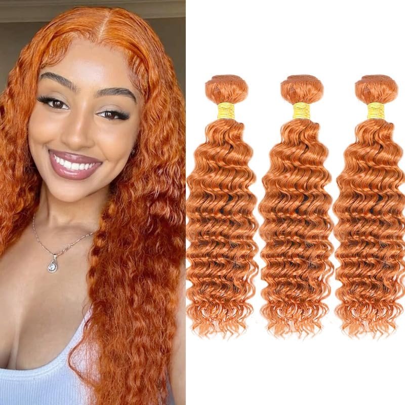 10 12 14Inch Deep Wave Bundles Human Hair Brazilian Virgin Hair for Black Women 12A Wet and Wavy 3 Bundles Orange Human Hair Weave (Ginger #350)