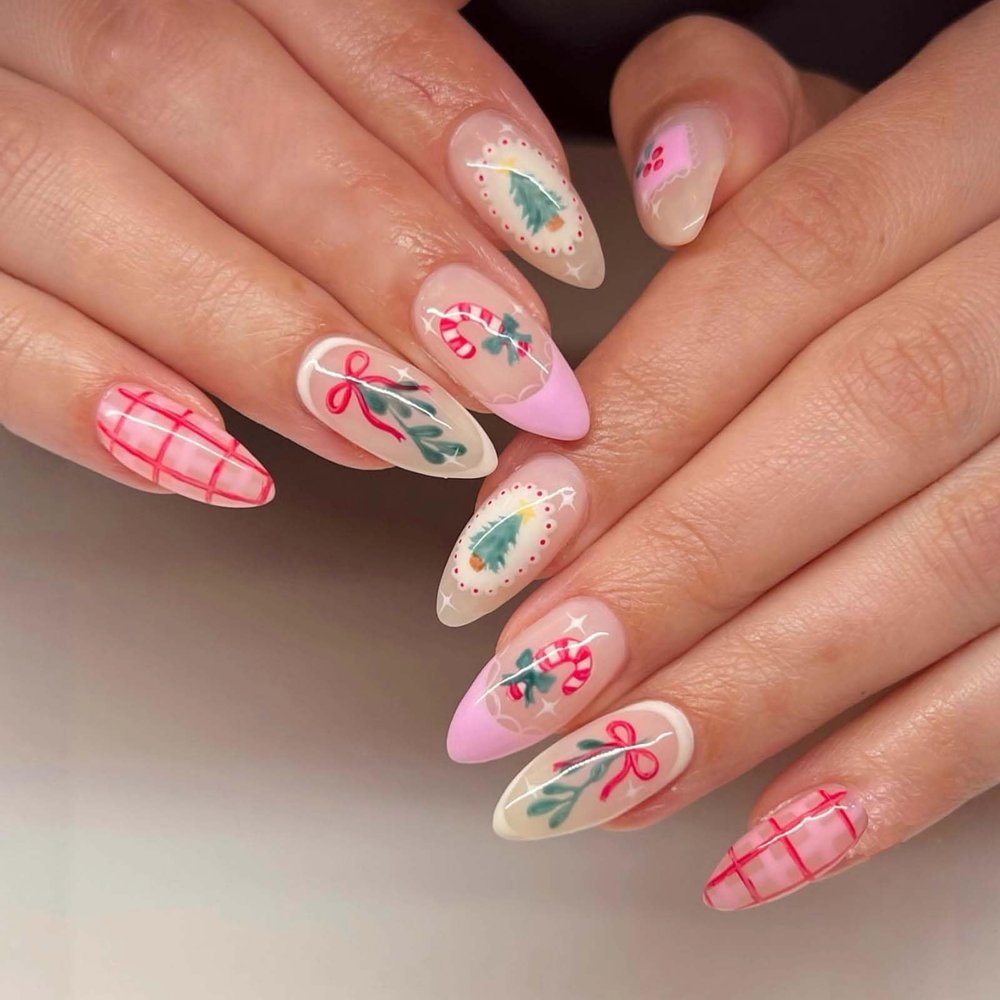 24Pcs Christmas French Tip Press on Nails Medium Almond Bow Walking Stick Fake Nails Christmas Tree Glue on Nails Pink Nude Acrylic Nails for Women Holiday Nail Art Supplies