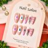 24Pcs Christmas French Tip Press on Nails Medium Almond Bow Walking Stick Fake Nails Christmas Tree Glue on Nails Pink Nude Acrylic Nails for Women Holiday Nail Art Supplies view 2