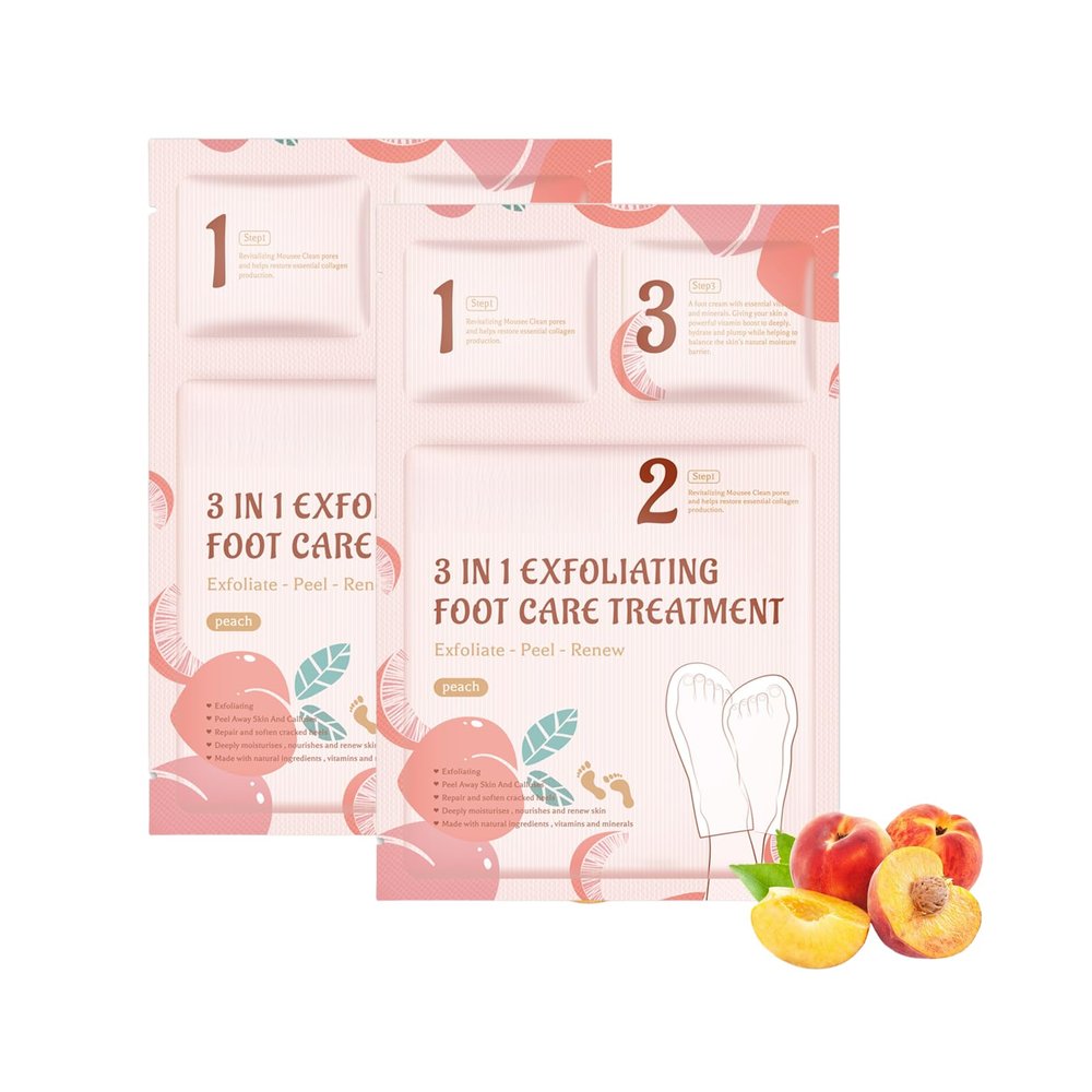 3-in-1 Foot Peel Mask Kit  Exfoliating Foot Care Treatment with Cleansing Mousse, Peeling Socks & Hydrating Cream (Peach Extract) for Dry Cracked Heels, Calluses & Dead Skin 2pcs