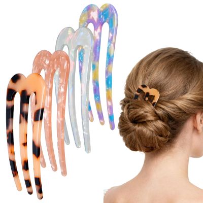 4 Pcs Large French Pins for Thick Hair 3-Prong Hair Forks Retro U Shaped Hair Pins for Women French Twist Hairs Pin Clips Chignon Pin Hairstyle Accessories (Blue Mermaid Light Tortoise Pink)