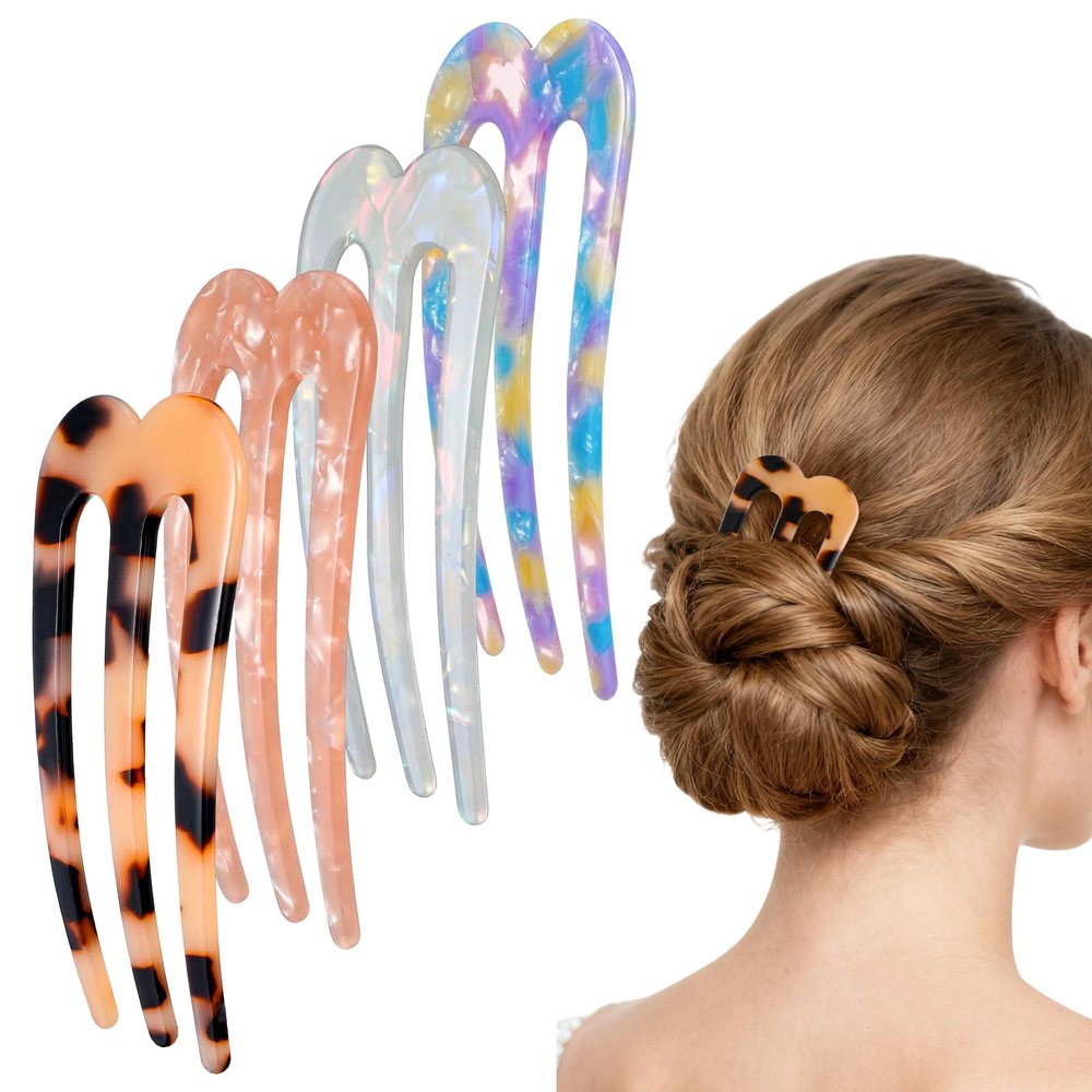 4 Pcs Large French Pins for Thick Hair 3-Prong Hair Forks Retro U Shaped Hair Pins for Women French Twist Hairs Pin Clips Chignon Pin Hairstyle Accessories (Blue Mermaid Light Tortoise Pink)