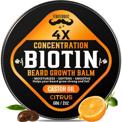 4X Concentration Biotin Beard Balm for Men  Natural Men's Grooming Butter with Castor, Shea & Jojoba Oil  Softens, Conditions & Styles  Non-Greasy Beard Growth Conditioner  2 oz (Citrus)