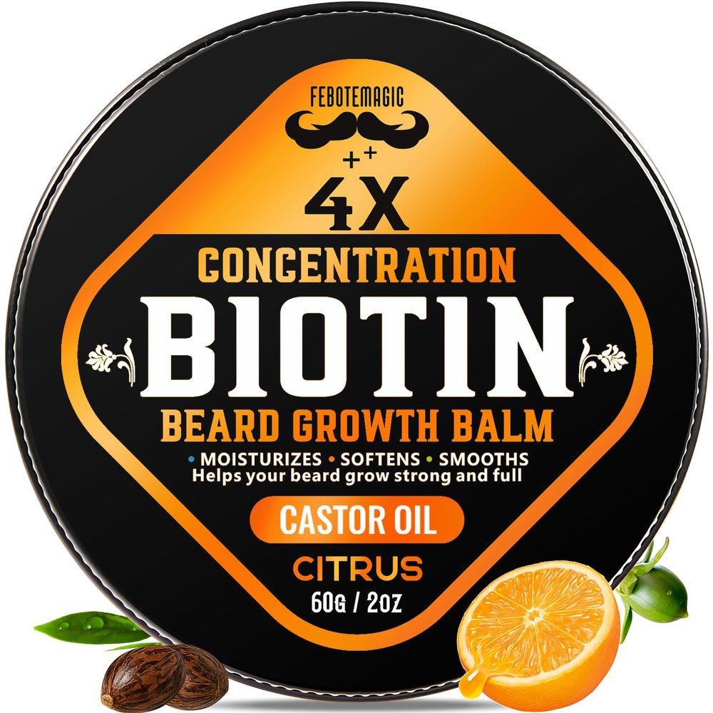 4X Concentration Biotin Beard Balm for Men  Natural Men's Grooming Butter with Castor, Shea & Jojoba Oil  Softens, Conditions & Styles  Non-Greasy Beard Growth Conditioner  2 oz (Citrus)