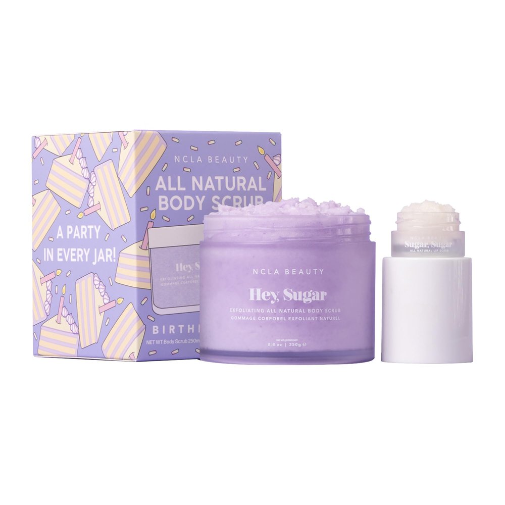 NCLA Beauty Hey Sugar Body Scrub Plus Bonus Mini Lip Scrub - Lip Exfoliator and Moisturizing, Exfoliating Sugar Scrub - Birthday Cake - 2 pc