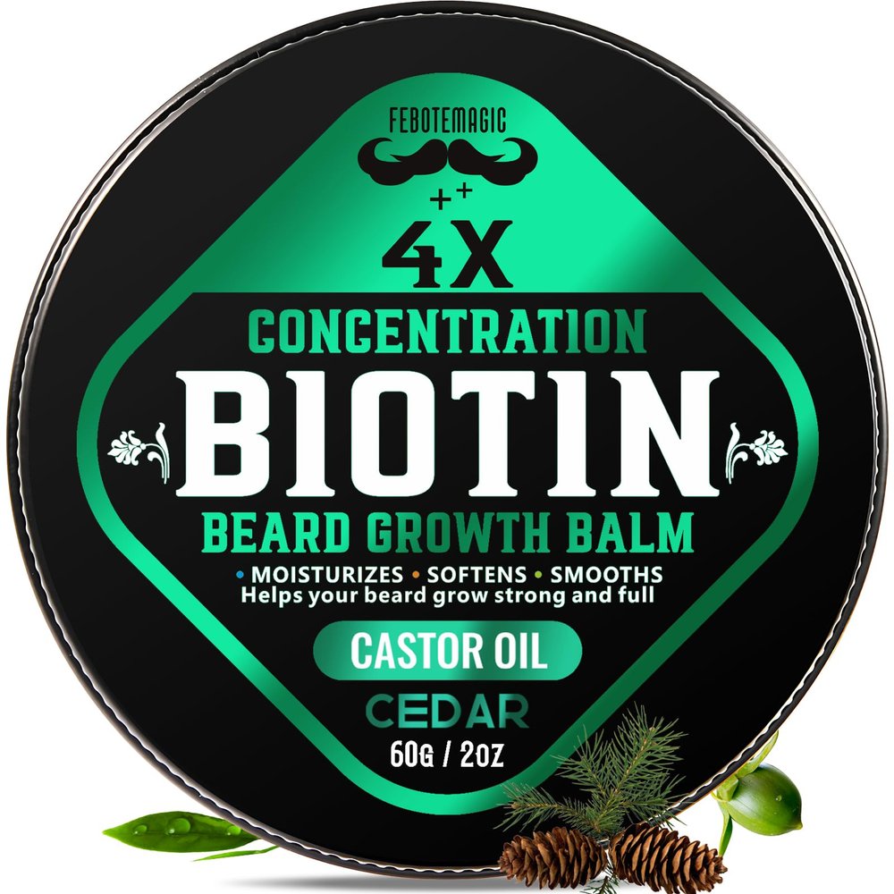 4X Concentration Biotin Beard Balm for Men  Natural Men's Grooming Butter with Castor, Shea & Jojoba Oil  Softens, Conditions & Styles  Non-Greasy Beard Growth Conditioner  2 oz (Cedar)