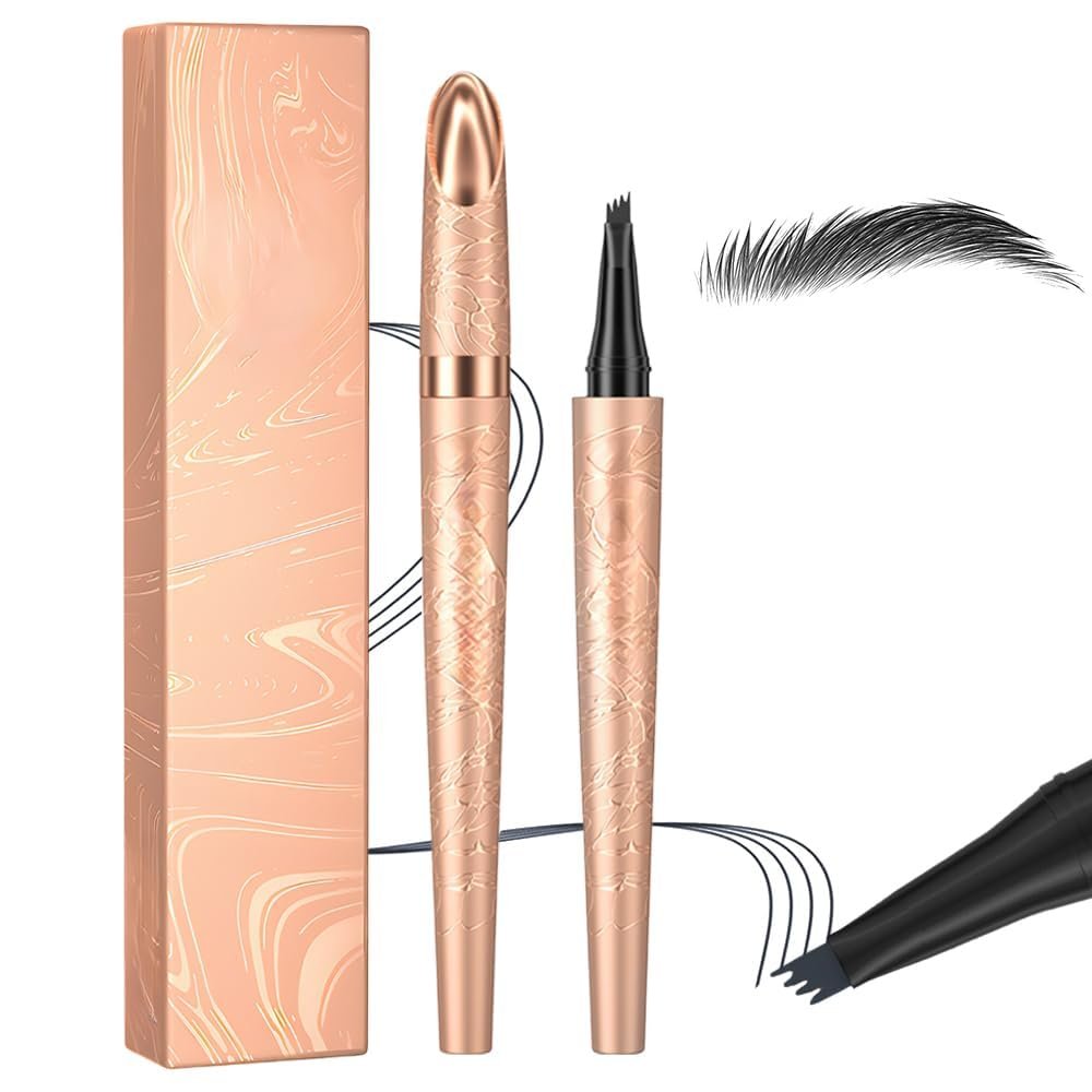 2 PCS Microblading Eyebrow Pencil, 3D Waterproof 4 Tip Microblading Eyebrow Pen, Natural Gap Filling Eyebrow Makeup Long-Lasting Fine Stroke Eye Brow Pen for Women Last All Day (Black*2)