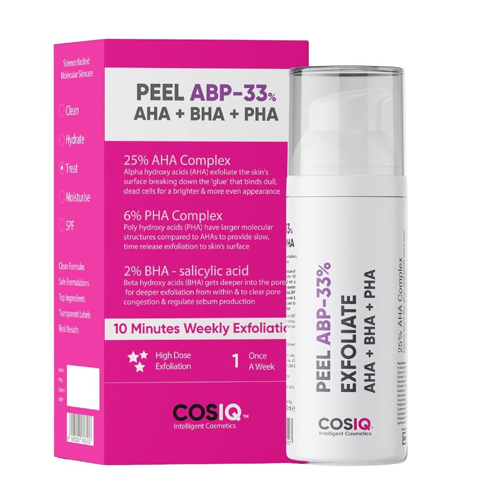 C0S-lQ 25% AHA + 2% BHA + 6% PHA Peeling Solution for Face | 10-Minute Facial | Chemical peel for face for glowing skin | Exfoliating serum| Men & Women | At-home facial | 30ml