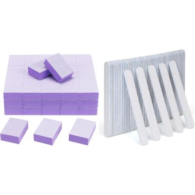 50 PCS Mini Nail Buffer Blocks 80/100 Grit & 50 PCS 7" Nail Files Emery Boards Bundle, Professional Manicure & Pedicure Kit