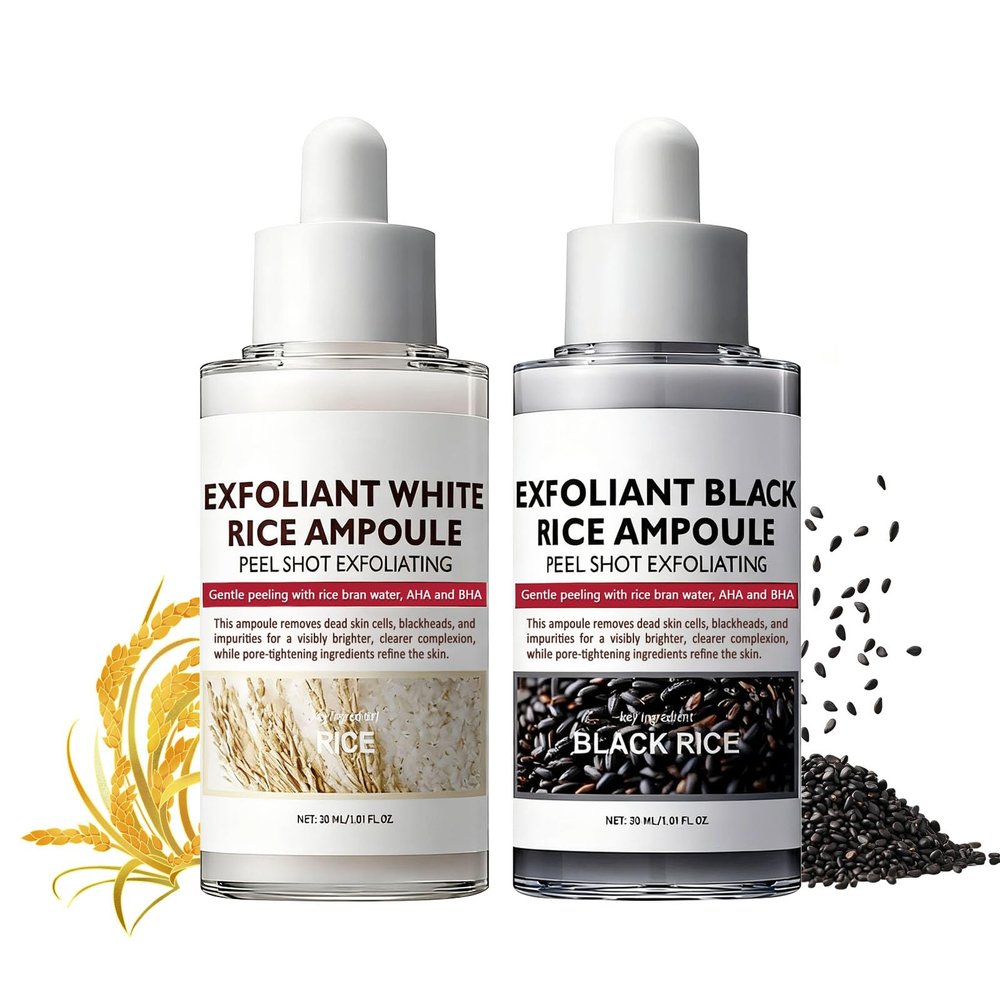 2PCS Rice Exfoliating Ampoule Set,White & Black Rice Facial Exfoliating Serum,Peel Shot Glow Rice Ampoule Duo,Gentle Peel & Deep Hydration,Facial Exfoliator,Pore Refining, Dead Skin Cells Remover