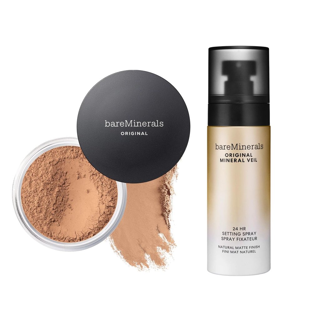 bareMinerals Original Loose Powder Foundation SPF 15, Clean Mineral Powder Face Makeup, Sheer-to-Full Coverage, Talc-Free, Non-Comedogenic, Vegan + Mineral Veil Natural Matte Setting Spray Bundle