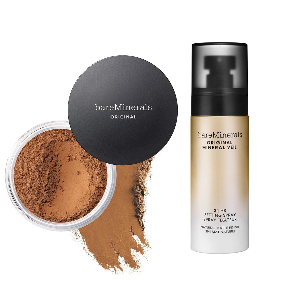 bareMinerals Original Loose Powder Foundation SPF 15, Clean Mineral Powder Face Makeup, Sheer-to-Full Coverage, Talc-Free, Non-Comedogenic, Vegan + Mineral Veil Natural Matte Setting Spray Bundle