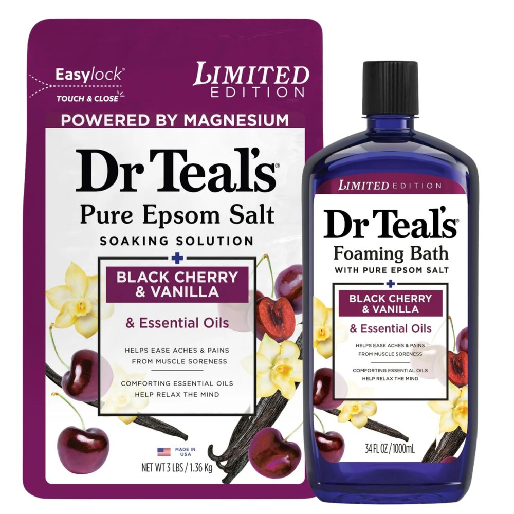 Dr Teal's Limited Edition Black Cherry & Vanilla Bath Set, Pure Epsom Salt and Foaming Bath, 34 FL OZ