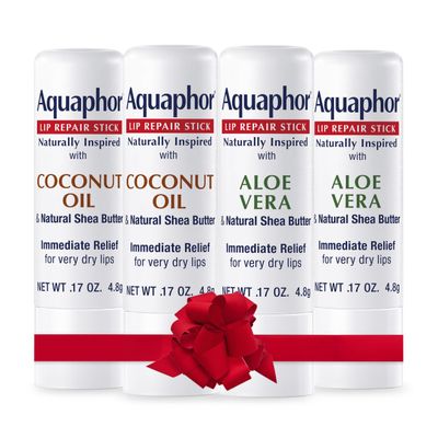 Aquaphor Naturally Inspired Lip Repair Stick Four (4) Pack with Shea Butter, Lip Balm Set, Two (2) Coconut Oil, 0.17 Oz + Two (2) Aloe Vera, 0.17 Oz