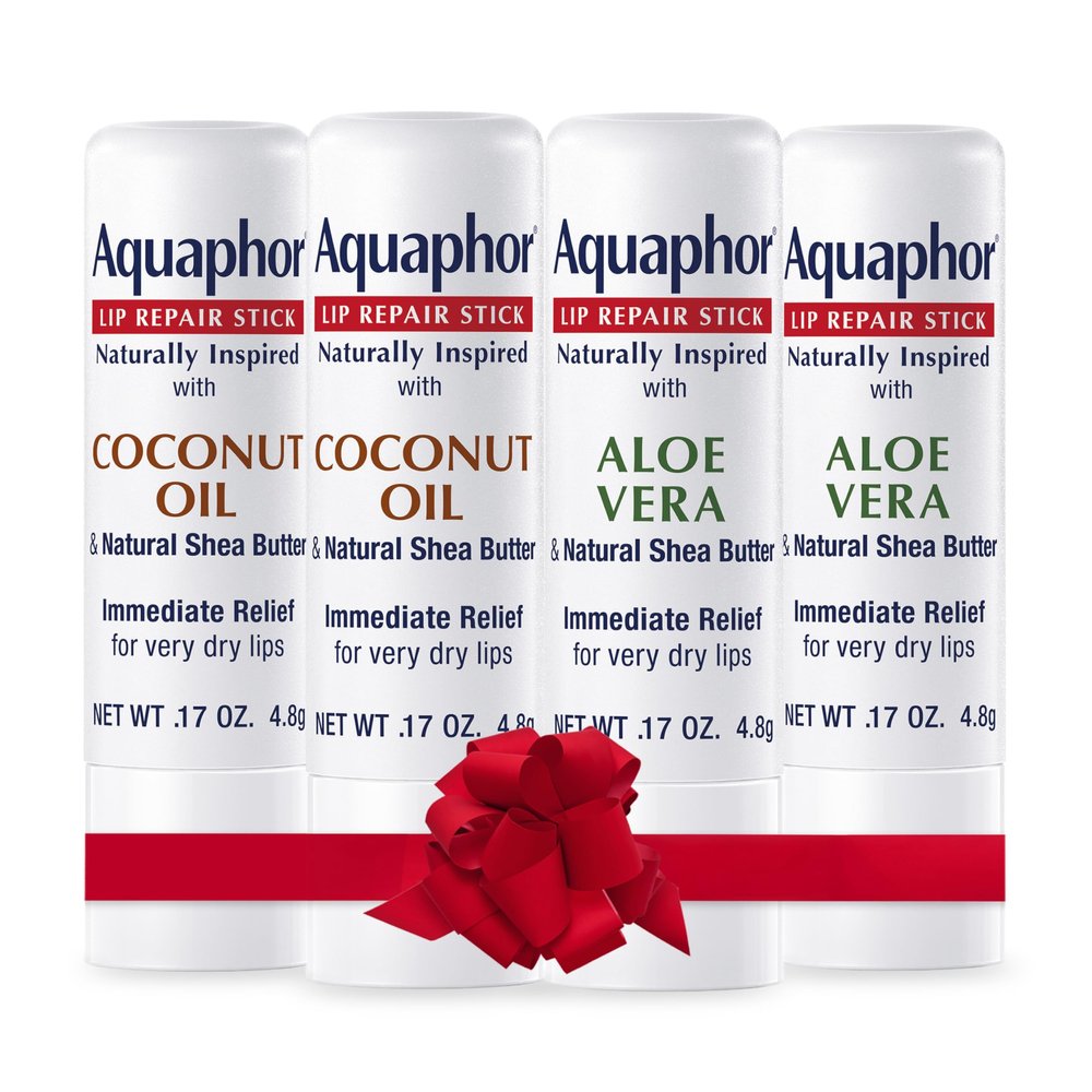 Aquaphor Naturally Inspired Lip Repair Stick Four (4) Pack with Shea Butter, Lip Balm Set, Two (2) Coconut Oil, 0.17 Oz + Two (2) Aloe Vera, 0.17 Oz