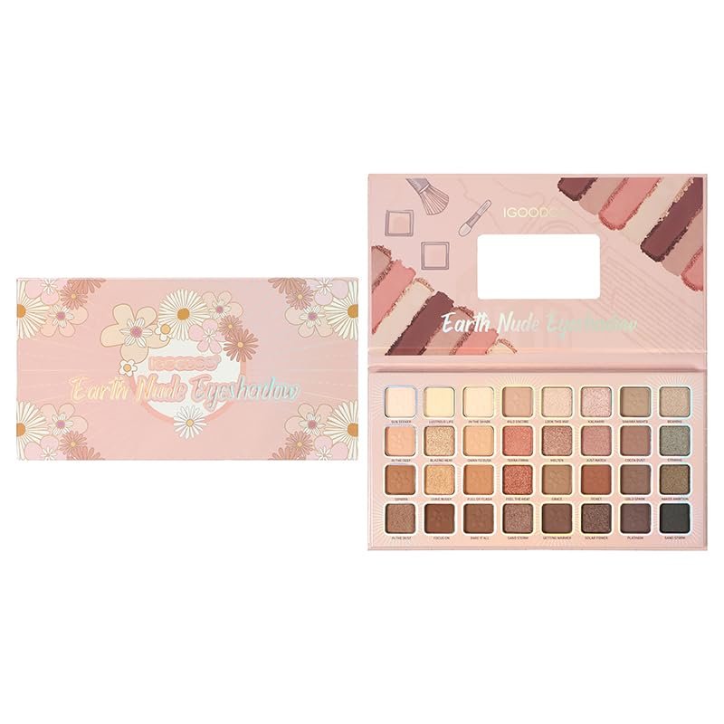 32-Color Floral Eyeshadow Palette, Matte and Shimmer Earth Tones, Pink Case