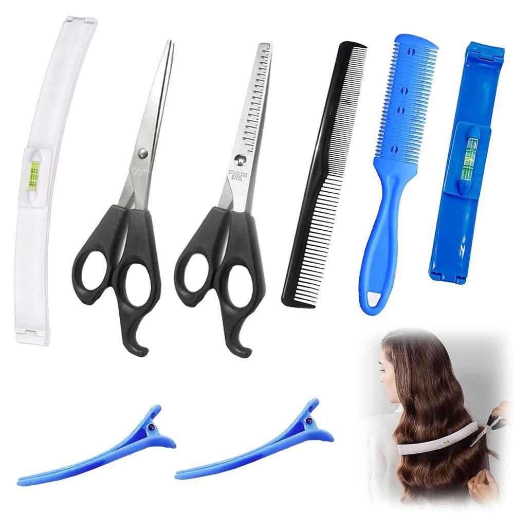 8-Piece Pony Hair Cutting Aid Set, Hair Cutting Clips, Stencils, Combs & Scissors