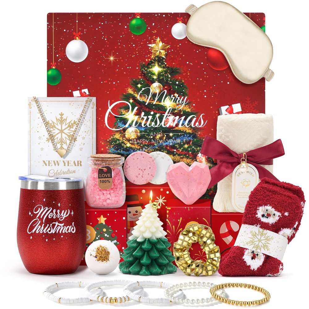 Joyliss Christmas Gift Baskets for Women, Christmas Advent Calendars 2025 for Adult Women and Teen Girls, Luxury Spa Self Care Christmas Gifts Basket Countdown Calendar for Mom Wife Girlfriend Red
