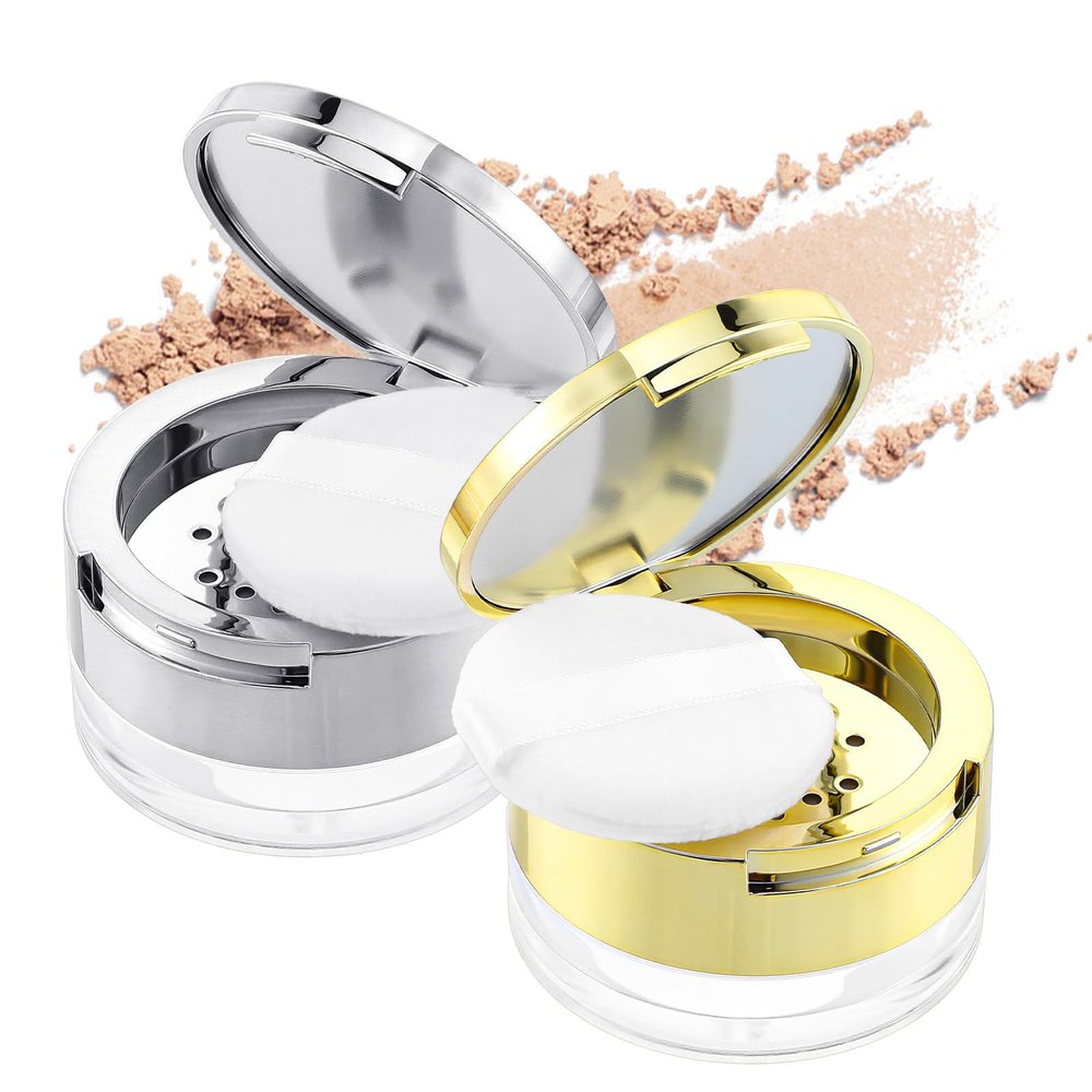 2 Pcs 6G Mini Loose Powder Container with Puff, Empty Mini Makeup Containers, Reusable Plastic Powder Compact with Mirror, Travel-Friendly Small Powders Box(Gold, Silver)