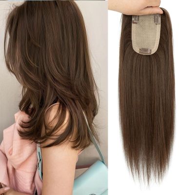 Topunique 3x5 Inch Injected Silk Base Hair Toppers for Women, 16 Inch Length 130% Density Real Human Hair Pieces #2 Dark Brown