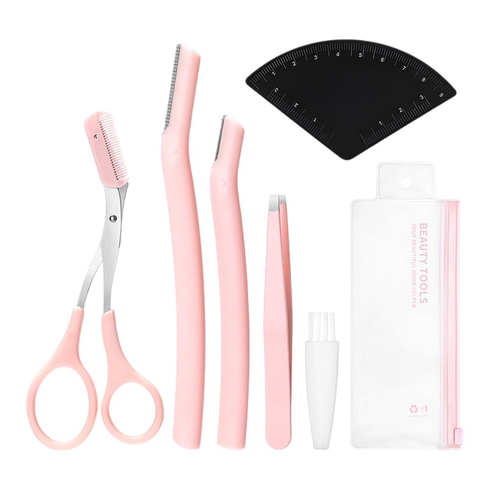 Eyebrow Trimmer Scissors,4 in 1 Eyebrow Grooming Kit,Including Clean Brush,Tweezers,Eyebrow Scissors with Comb,Razor,Fast Drawing Eyebrow Design Ruler,Storage Bag,for Women and Men (Pink)
