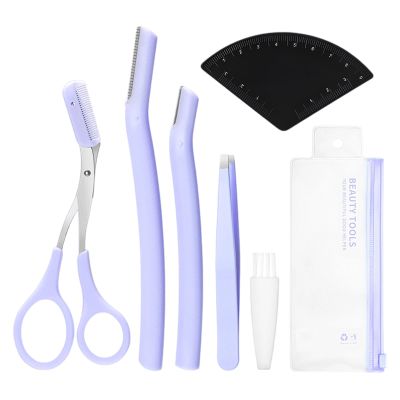 Eyebrow Trimmer Scissors,4 in 1 Eyebrow Grooming Kit,Including Clean Brush,Tweezers,Eyebrow Scissors with Comb,Razor,Fast Drawing Eyebrow Design Ruler,Storage Bag,for Women and Men (Purple)