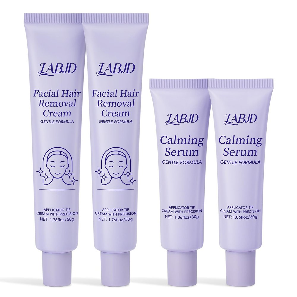 4Pcs Facial Hair Removal Cream for Women, Depilatory & Post Care Soothing Cream, 5 Min Painless & Fast Face Hair Remover from Chin, Upper Lip, and Sideburns, Gentle Plant Formula for Sensitive Skin