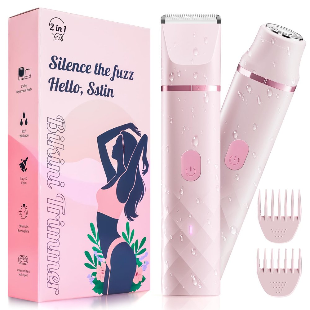 Bikini Trimmer for Women, IPX7 Waterproof, Painless Rechargeable Electric Razor Remover, 2-in-1 Facial & Pubic Hair Removal for Sensitive Skin, Portable Travel Size, Womens Gift, Pink