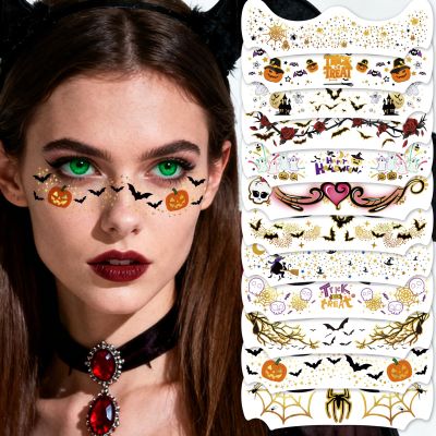 12pcs Halloween Glitter Freckles Face Tattoos Makeup Patches with Pumpkin, Bat, Spider, Witch, Skull, Love Heart, Flowers Design, Face Temporary Tattoos for Adults Kids Rave Accessories