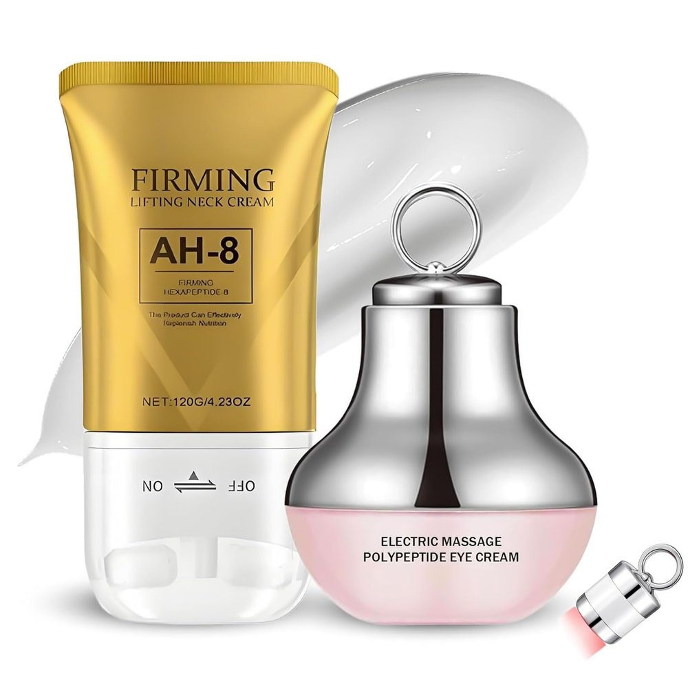 AH-8 Firming Neck Cream & Electric Massage Eye Cream Suit, Neck and Eye Tightening & Rejuvenating Set,Firming Smooth Fine Lines,Reduce Wrinkles & Deep Moisturizing Skincare,Day & Night Use(120g+50g)