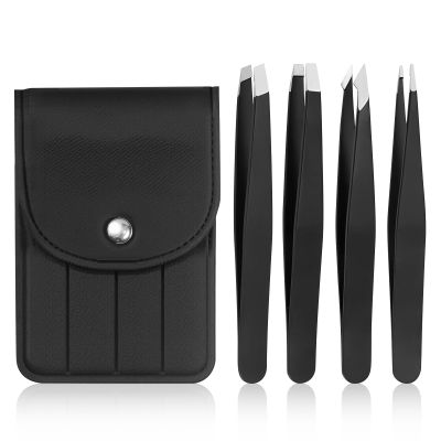 [4+1 Pack] Precision Tweezers Set with Travel Case, Professional Stainless Steel Eyebrow Tweezers for Women & Men, Multi-Purpose for Facial Hair & Ingrown Hair Removal