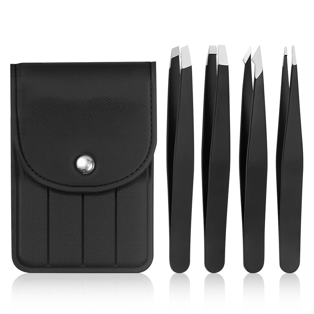 [4+1 Pack] Precision Tweezers Set with Travel Case, Professional Stainless Steel Eyebrow Tweezers for Women & Men, Multi-Purpose for Facial Hair & Ingrown Hair Removal