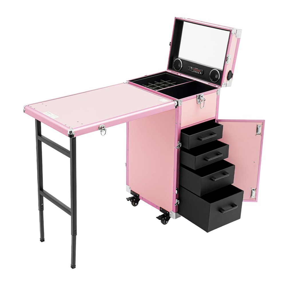 Fichiouy Large Capacity Makeup Cart Organizer with Lockable Storage Drawers and Wheels,Professional Mobile Beauty Station with Mirror & Expandable Table,Makeup Train Case for Makeup Artists (Pink)