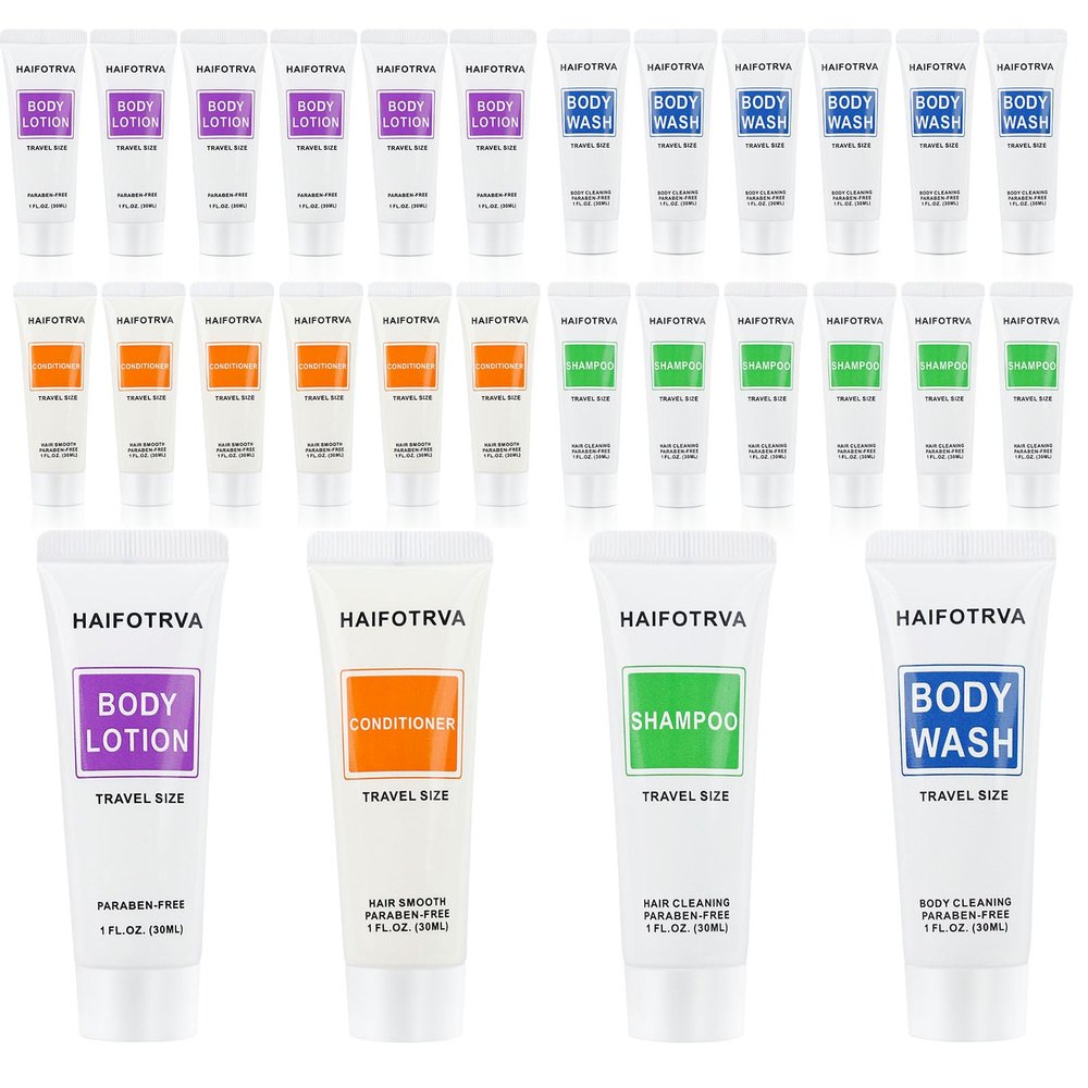 200 Pcs 4-IN-1 Hotel Toiletries Bulk Set,4-Piece Set Mini Bulk Travel Size Toiletries Set 1 oz each Shampoo,Conditioner, Body Lotion,Body Wash for Guests,Homeless