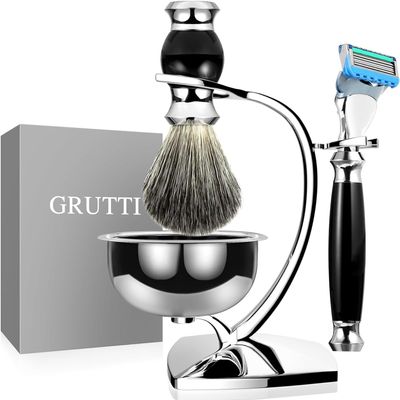 GRUTTI Premium Shaving Kit for Men, 4 in 1 Shaving Set Includes having Stand & Soap Bowl &Brush, Deluxe Safety Mens Razor Holder with Non Slip Base Shaving Kit compatible with Fusion 5