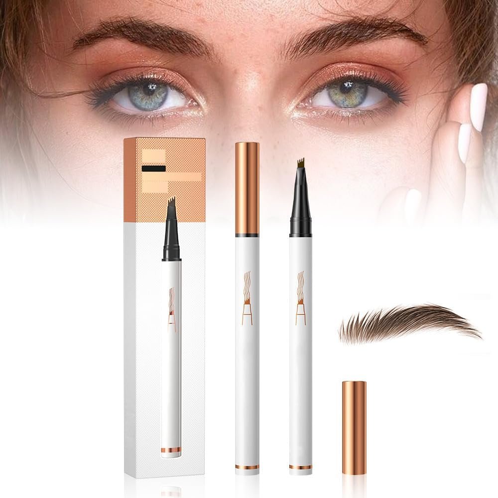 2 Pcs Microblading Eyebrow Pen, Waterproof Microblading Eyebrow Pencil, Eye Brow Pen with 4 Micro-Fork Tip, Natural Makeup Long-Lasting Fine Stroke Magic Eyebrow Pencil Stay on All Day (Dark Brown)
