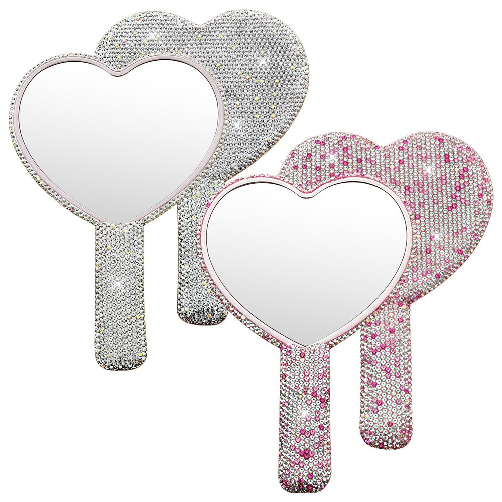 2 Pieces Rhinestone Handle Heart Mirror Set, Small and Silver Hand Mirror for Makeup and Travel, Crystal Design Compact Mirror Measuring 6.3 in X 4.3 in