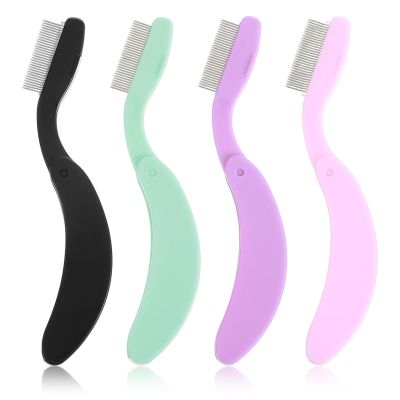 4PCS Folding Eyelash Comb, Folding Stainless Steel Eyelash Brush Separator Tool Eyebrow Comb Lash for Clump-Free Mascara, Lash Separator Tool (Pink, Black, Purple, Green)