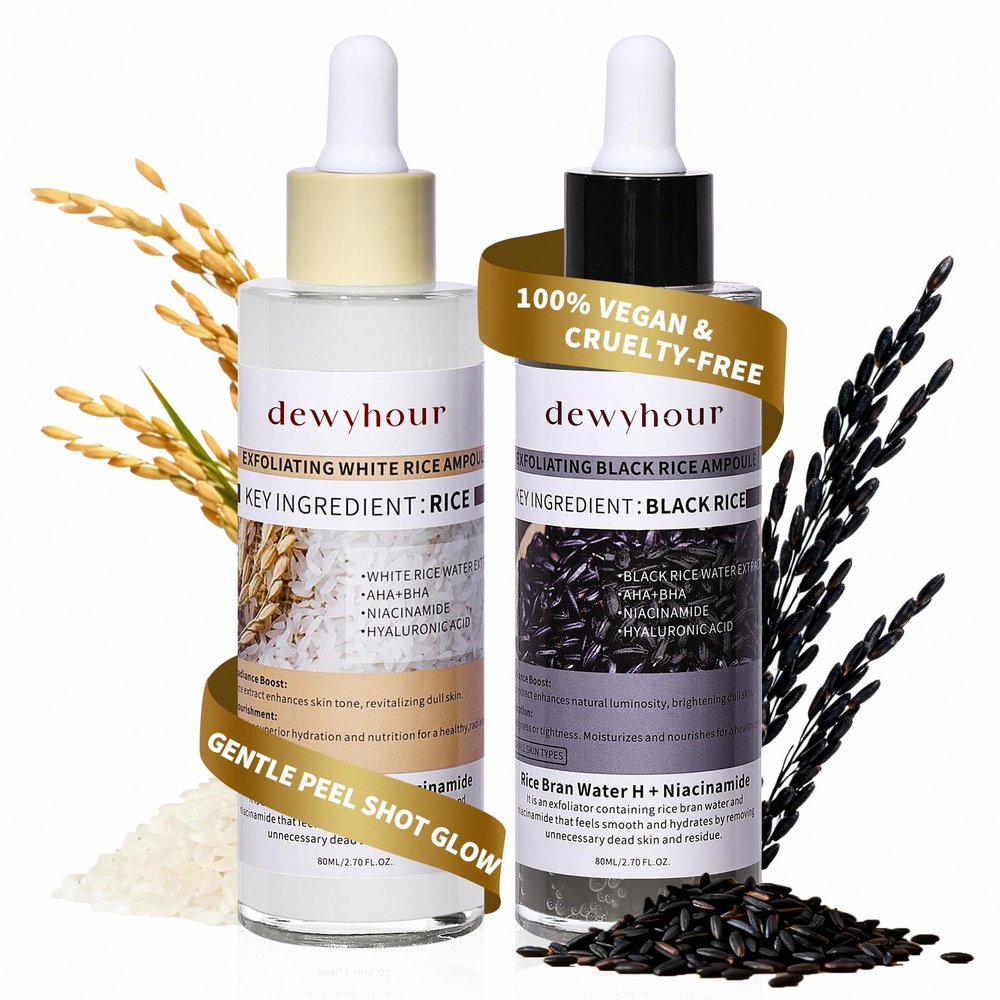 dewyhour Exfoliating Black & White Rice Ampoule Duo Set - Gently Removes Dead Skin Cells, Refines Pores, Soft Face & Body Scrub for All Skin Types, 2-Pack