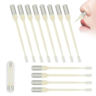 2-in-1 Nasal Hair Cutter, Upgraded 360 Rotating Nostril Hair Removal Tool, Double Sided Nose Hair Blade, Nose Hair Trimmer with Ear Picker for Women Men Travel Essentials (Beige, 12Pcs)