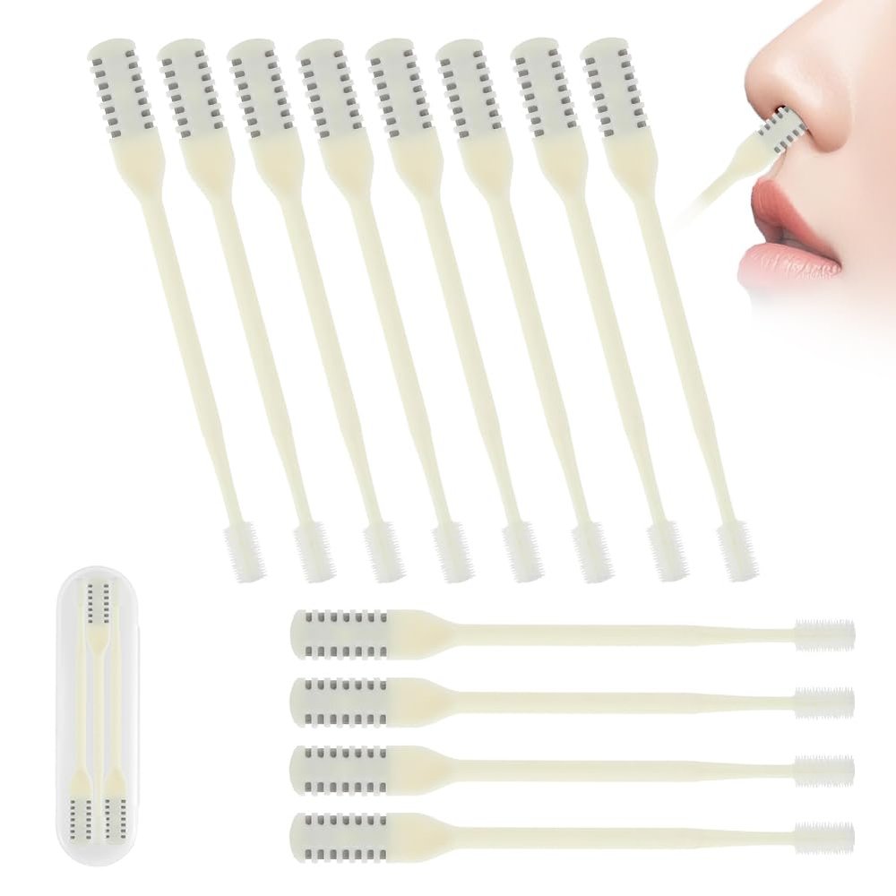 2-in-1 Nasal Hair Cutter, Upgraded 360 Rotating Nostril Hair Removal Tool, Double Sided Nose Hair Blade, Nose Hair Trimmer with Ear Picker for Women Men Travel Essentials (Beige, 12Pcs)