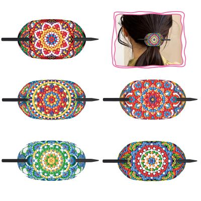 BAYUNOE 5Pcs Hair Pins for Women Vintage Diamond Art Painting Flat Hairs Clips Leather Drill Mosaic Kits Rhinestone French Hair Sticks for Bun Updo Chignon-Mandala03
