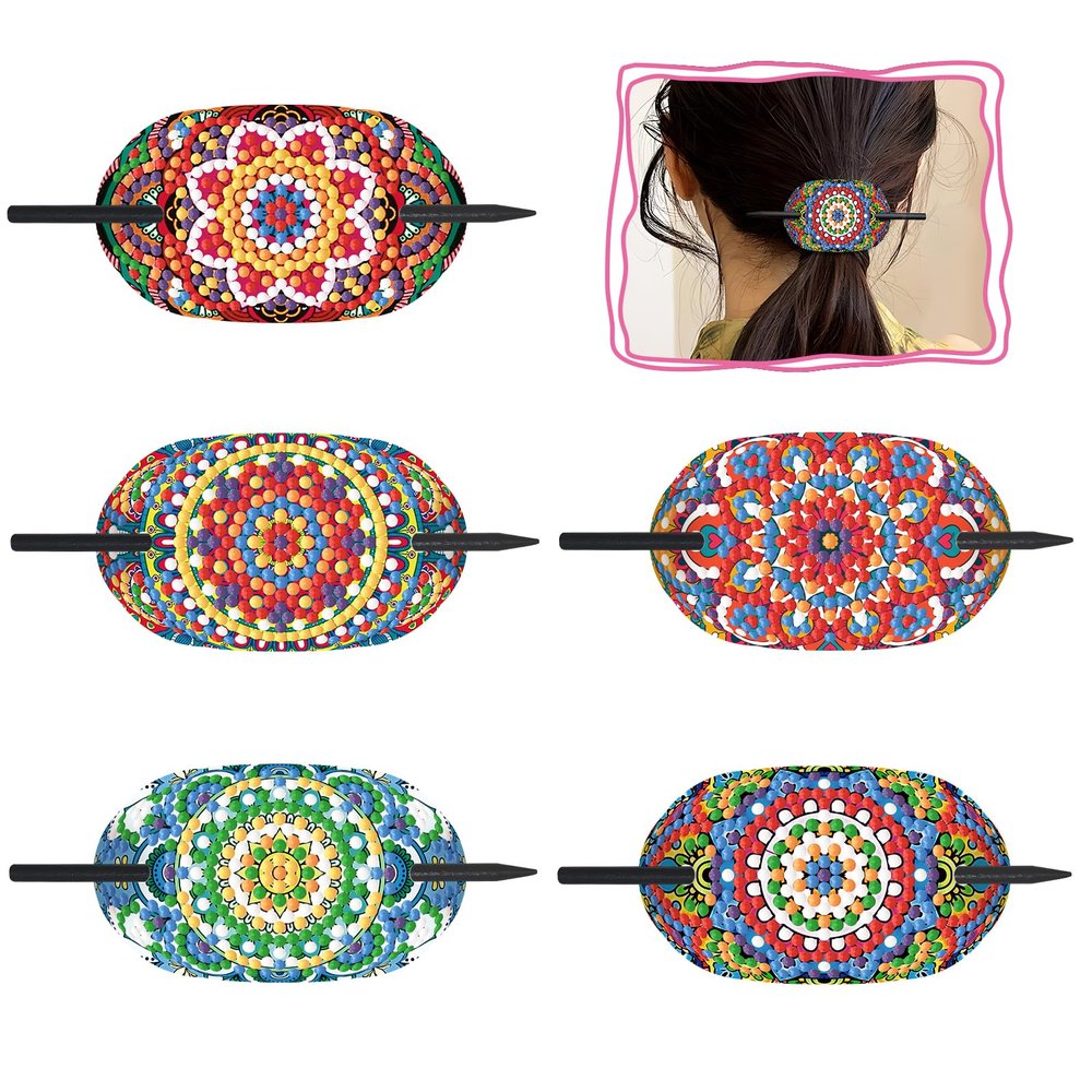 BAYUNOE 5Pcs Hair Pins for Women Vintage Diamond Art Painting Flat Hairs Clips Leather Drill Mosaic Kits Rhinestone French Hair Sticks for Bun Updo Chignon-Mandala03