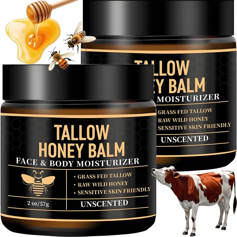 2PacksTallow and Honey Balm - Beef Tallow for Skin,Organic Grass-Fed Beef Tallow for Face & Body Moisturizer with Raw Honey,Moisturizing Cream for Soft,Smooth Skin - Handmade,All-NaturalUnscented