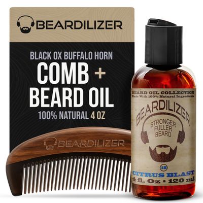 Beardilizer Premium Beard Comb - 100% Natural Black Ox Buffalo Horn & Sandalwood with Carrying Pouch, Anti-Static Fine & Coarse Teeth, Beard Oil Collection #18 Citrus Blast - Natural Ingredients - 4Oz
