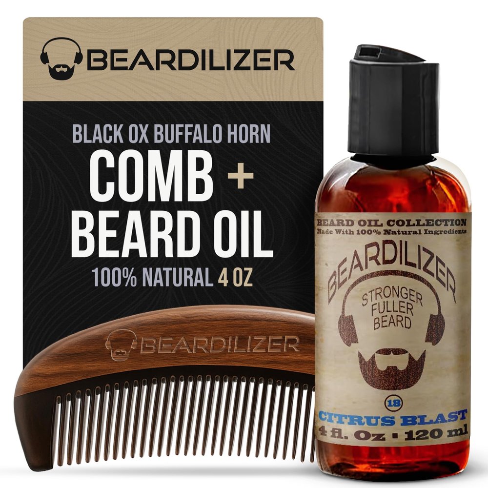 Beardilizer Premium Beard Comb - 100% Natural Black Ox Buffalo Horn & Sandalwood with Carrying Pouch, Anti-Static Fine & Coarse Teeth, Beard Oil Collection #18 Citrus Blast - Natural Ingredients - 4Oz