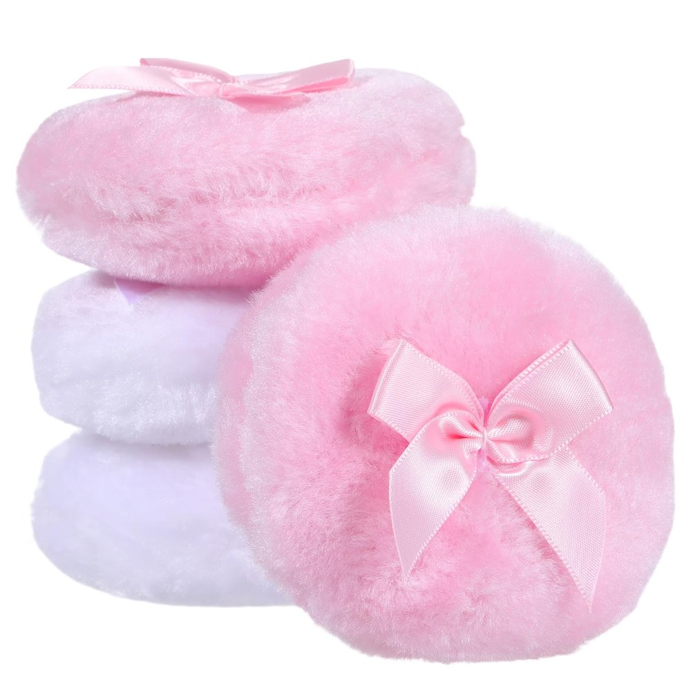 4 Pcs Large Powder Puff, 3.5 Inch Soft Fluffy Powder Puff for Body, Washable Reusable Makeup Puffs for Wet Dry Face & Body (Pink & White)