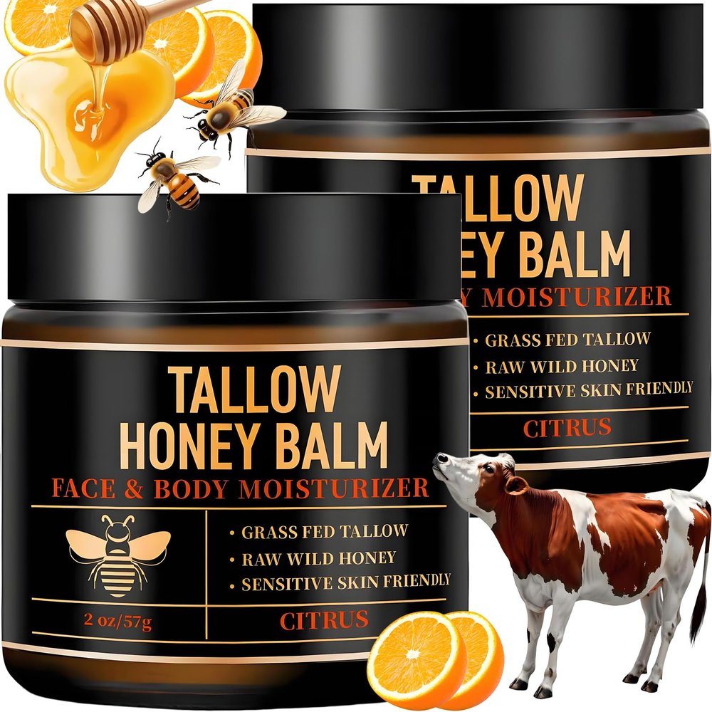 2PacksTallow and Honey Balm - Beef Tallow for Skin,Organic Grass-Fed Beef Tallow for Face & Body Moisturizer with Raw Honey,Moisturizing Cream for Soft,Smooth Skin - Handmade,All-Natural (Citrus)