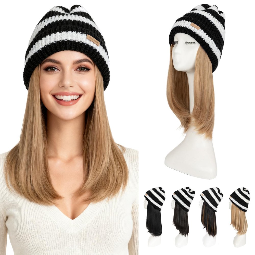 Hairro Hats With Hair Attached For Women Beanie Wig Straight Synthetic Knitted Hat For Winter Warm Pom Pom Slouchy Cable Hat 11" 200g #18 Ash Blonde